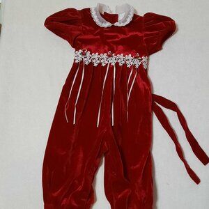 Vintage Rare Editions Christmas Red Velvet Romper, Lace, Ribbons, Holiday Jumper